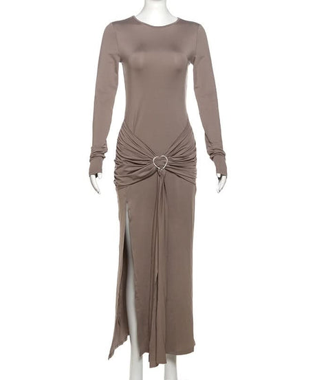 Autumn Elegance: Women's Long Sleeve Ruched Maxi Dress with Heart Ring & High Slit