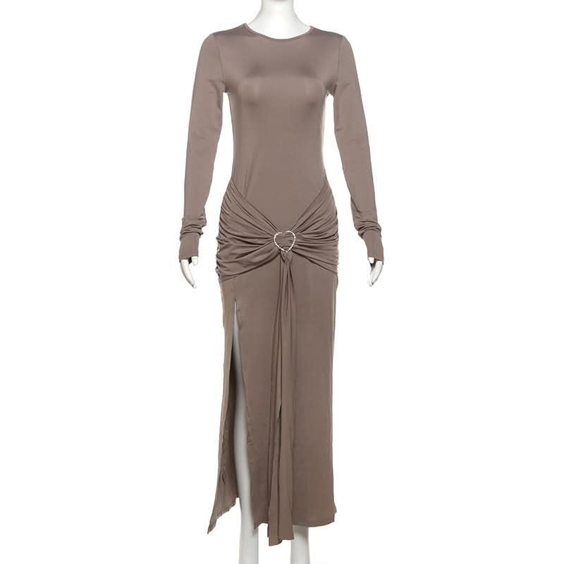 Autumn Elegance: Women's Long Sleeve Ruched Maxi Dress with Heart Ring & High Slit