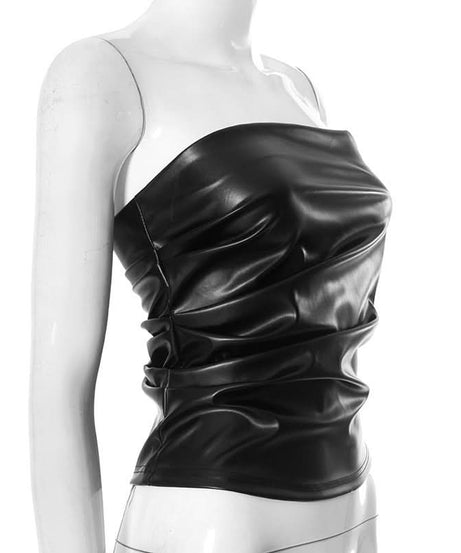 Chic Chocolate Faux Leather Ruched Tube Top - Fall Nights & Holiday Party Ready
