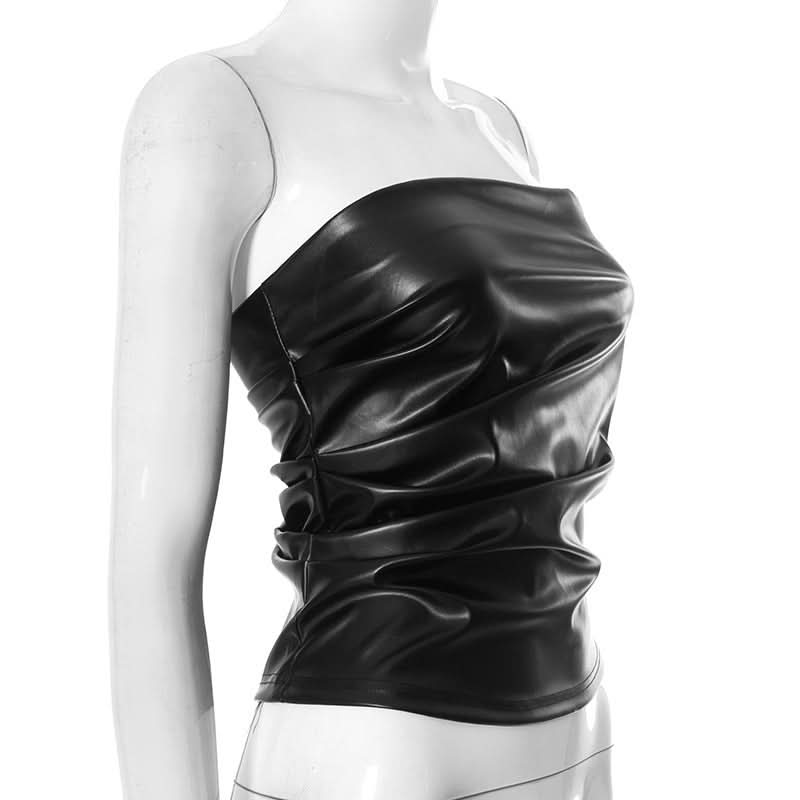 Chic Chocolate Faux Leather Ruched Tube Top - Fall Nights & Holiday Party Ready
