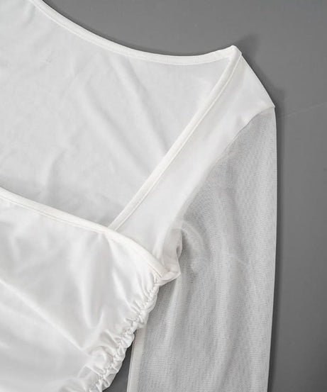 Chic White Mesh Long Sleeve Midi Dress - Asymmetrical Ruffle Cocktail & Holiday Party Style