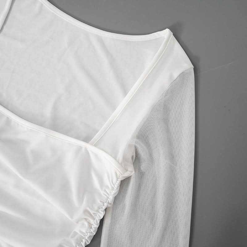 Chic White Mesh Long Sleeve Midi Dress - Asymmetrical Ruffle Cocktail & Holiday Party Style