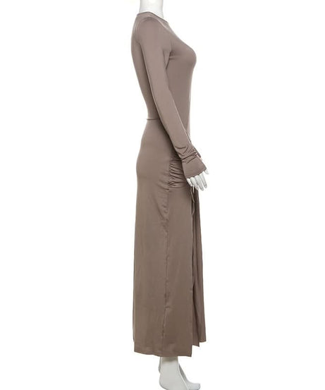 Autumn Elegance: Women's Long Sleeve Ruched Maxi Dress with Heart Ring & High Slit