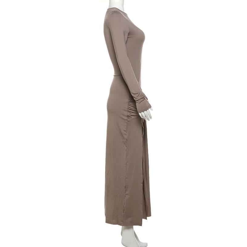 Autumn Elegance: Women's Long Sleeve Ruched Maxi Dress with Heart Ring & High Slit