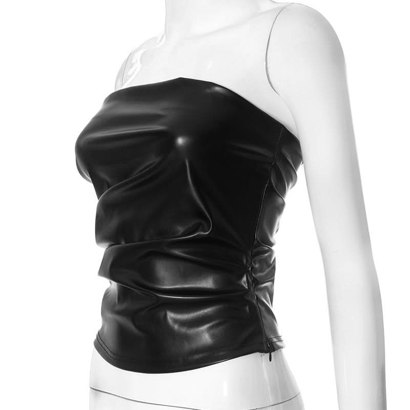 Chic Chocolate Faux Leather Ruched Tube Top - Fall Nights & Holiday Party Ready