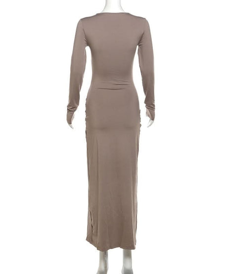 Autumn Elegance: Women's Long Sleeve Ruched Maxi Dress with Heart Ring & High Slit