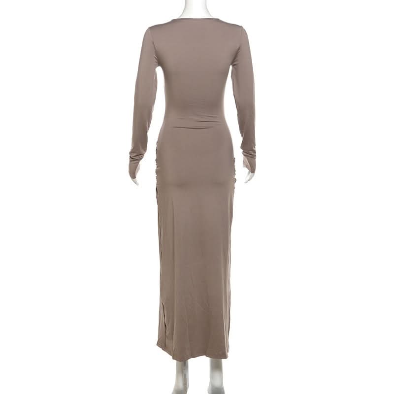 Autumn Elegance: Women's Long Sleeve Ruched Maxi Dress with Heart Ring & High Slit