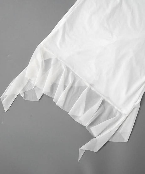 Chic White Mesh Long Sleeve Midi Dress - Asymmetrical Ruffle Cocktail & Holiday Party Style