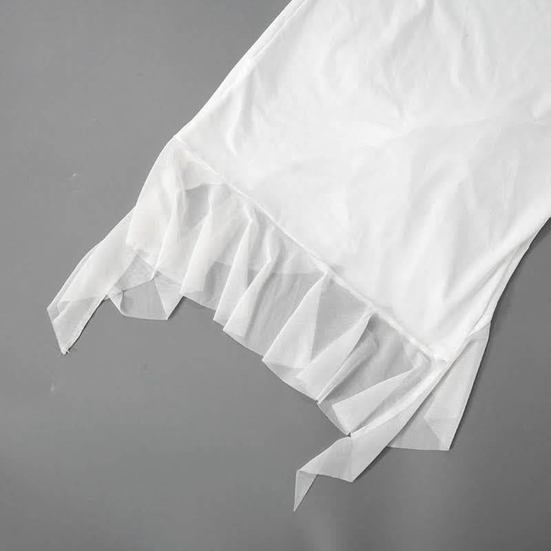 Chic White Mesh Long Sleeve Midi Dress - Asymmetrical Ruffle Cocktail & Holiday Party Style