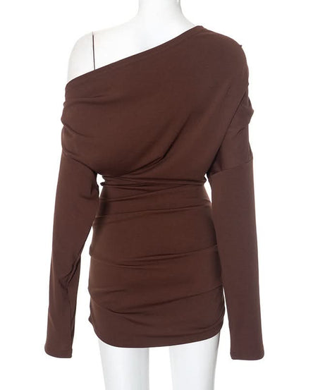 Fall Glamour: Mocha Ruched One-Shoulder Mini Dress - Long Sleeve Bodycon