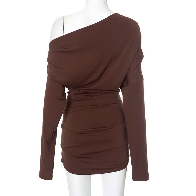 Fall Glamour: Mocha Ruched One-Shoulder Mini Dress - Long Sleeve Bodycon