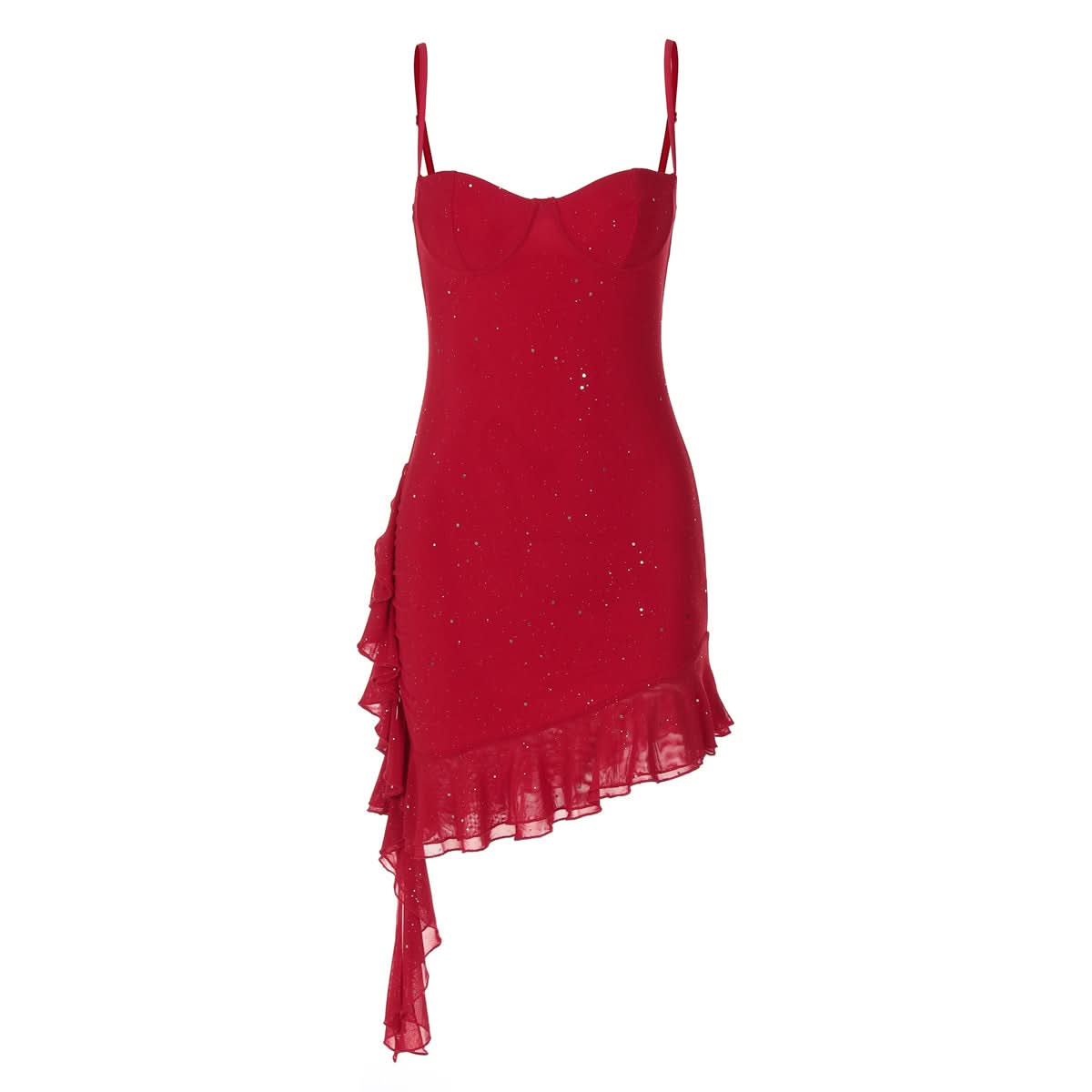 Dazzling Red Glitter Asymmetrical Ruffle Mini Dress - Holiday & NYE Party Ready