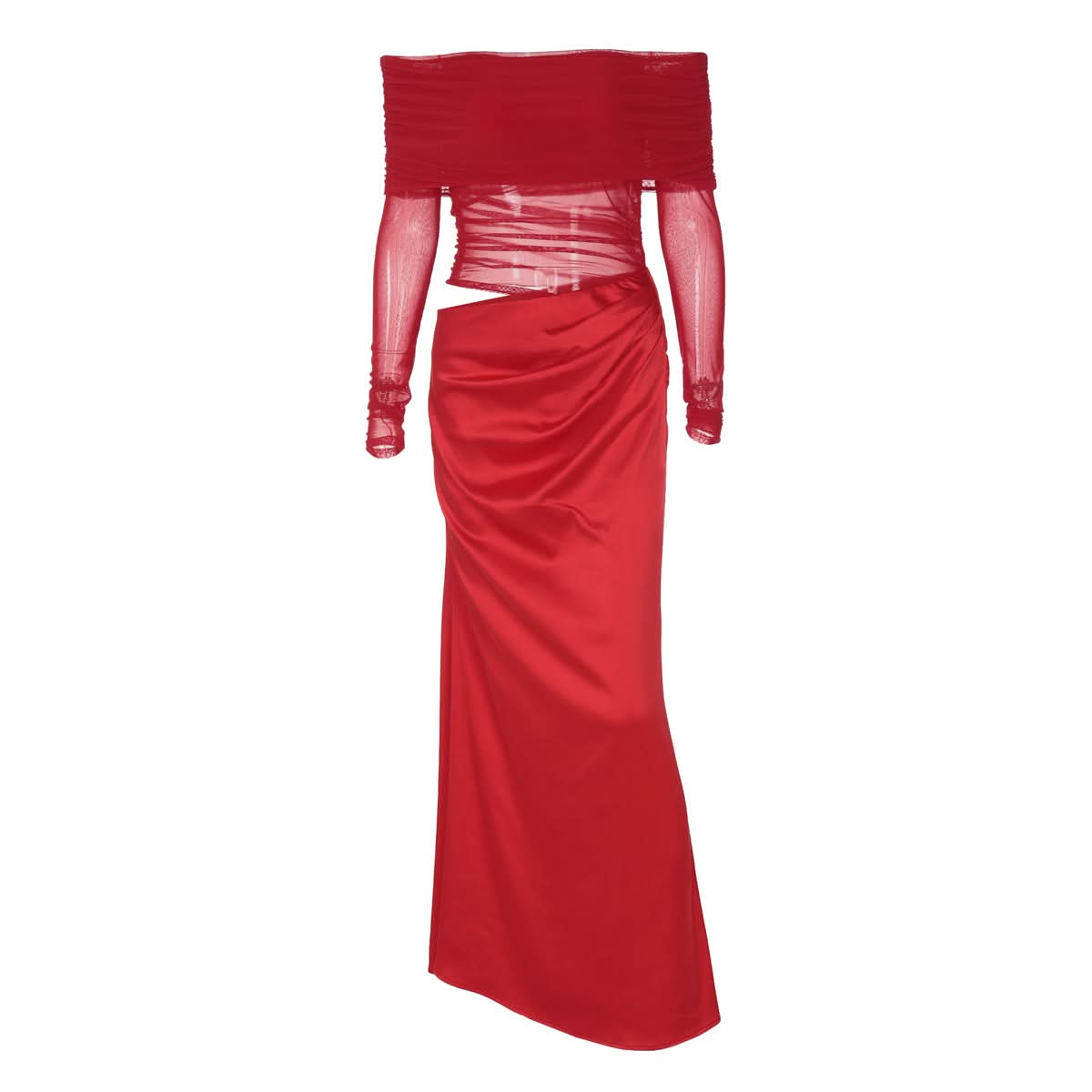 Head-Turning Red Gala Gown: Sheer Mesh Off-Shoulder & Draped Satin Cut-Out Maxi for Fall & Holiday Glam