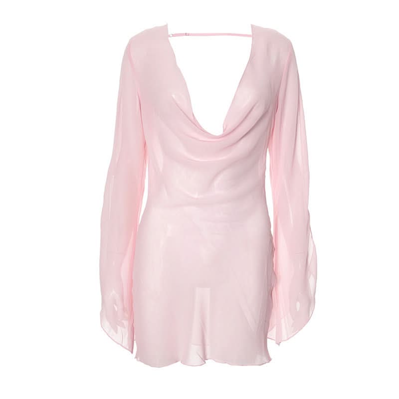 Sultry Sheer Pink Cowl Neck Mini Dress - Long Sleeve | Fall & Holiday Party Glam