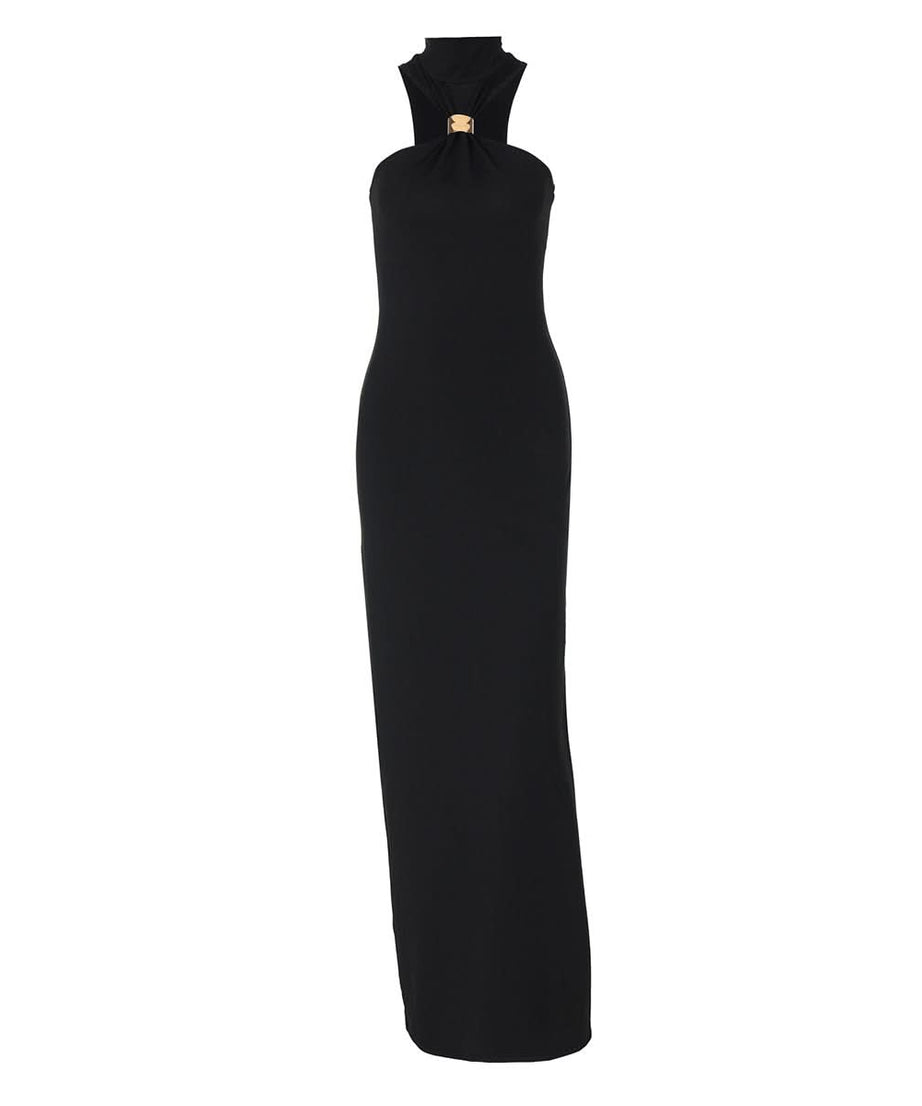 Luxe Black Halter Maxi Dress with Gold Accent - Perfect for Fall & Holiday Parties