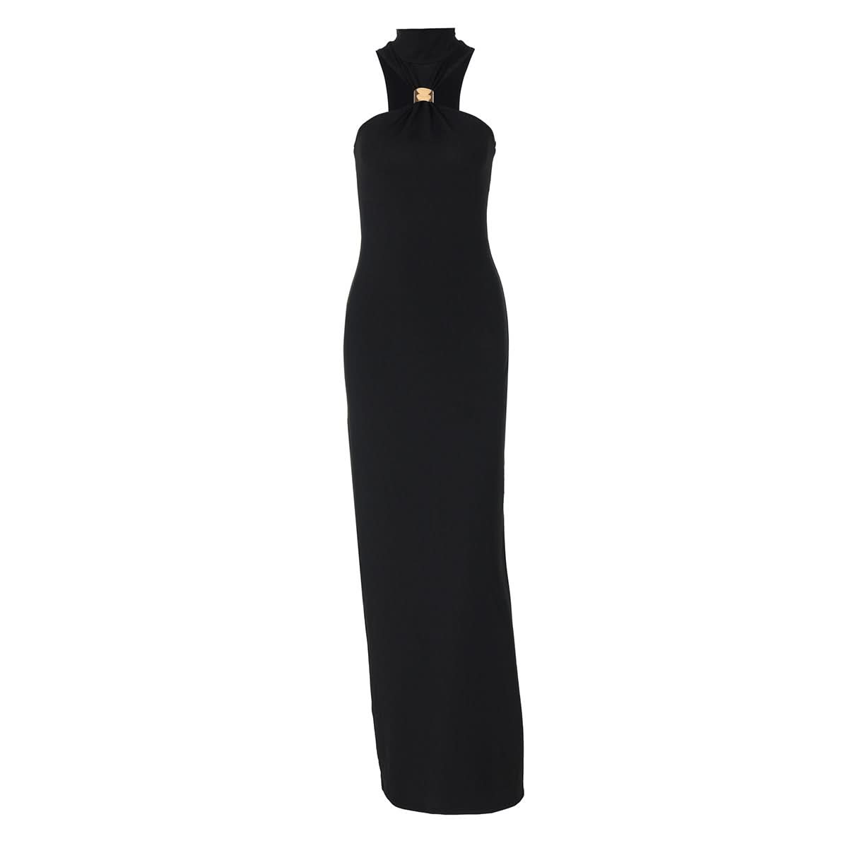 Luxe Black Halter Maxi Dress with Gold Accent - Perfect for Fall & Holiday Parties