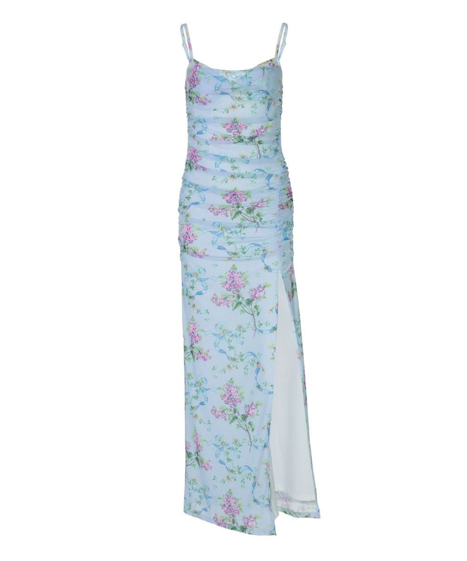 Periwinkle Floral Cowl Neck Maxi Dress with High Slit – Your Chic Fall Getaway Essential