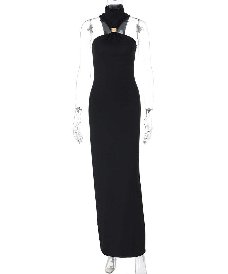 Luxe Black Halter Maxi Dress with Gold Accent - Perfect for Fall & Holiday Parties