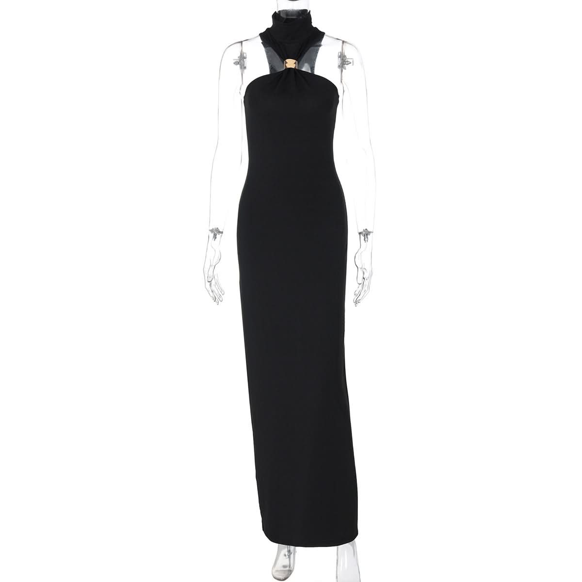 Luxe Black Halter Maxi Dress with Gold Accent - Perfect for Fall & Holiday Parties