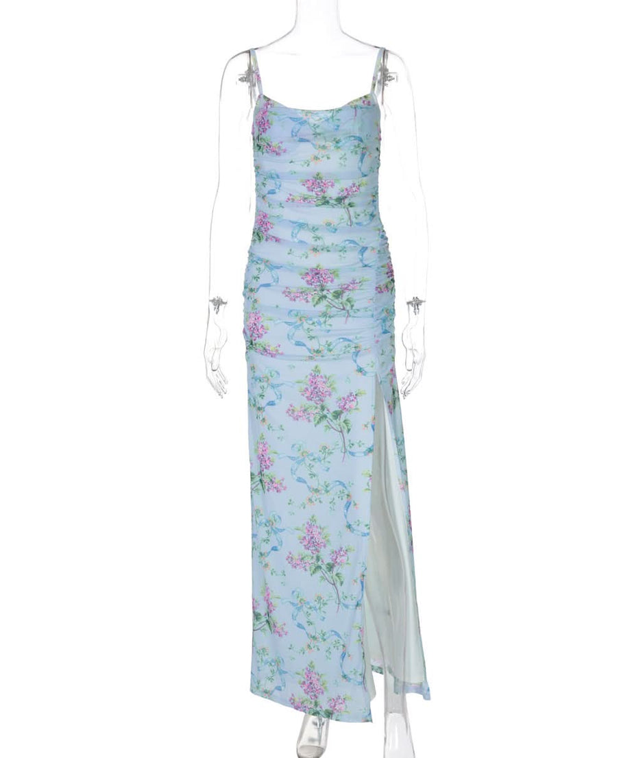 Periwinkle Floral Cowl Neck Maxi Dress with High Slit – Your Chic Fall Getaway Essential