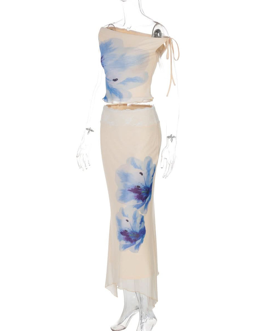 Effortless Elegance: Blue Floral One-Shoulder Crop Top & Flowy Maxi Skirt Set | Your Chic Vacation Essential