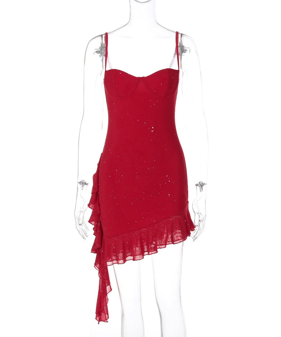 Dazzling Red Glitter Asymmetrical Ruffle Mini Dress - Holiday & NYE Party Ready