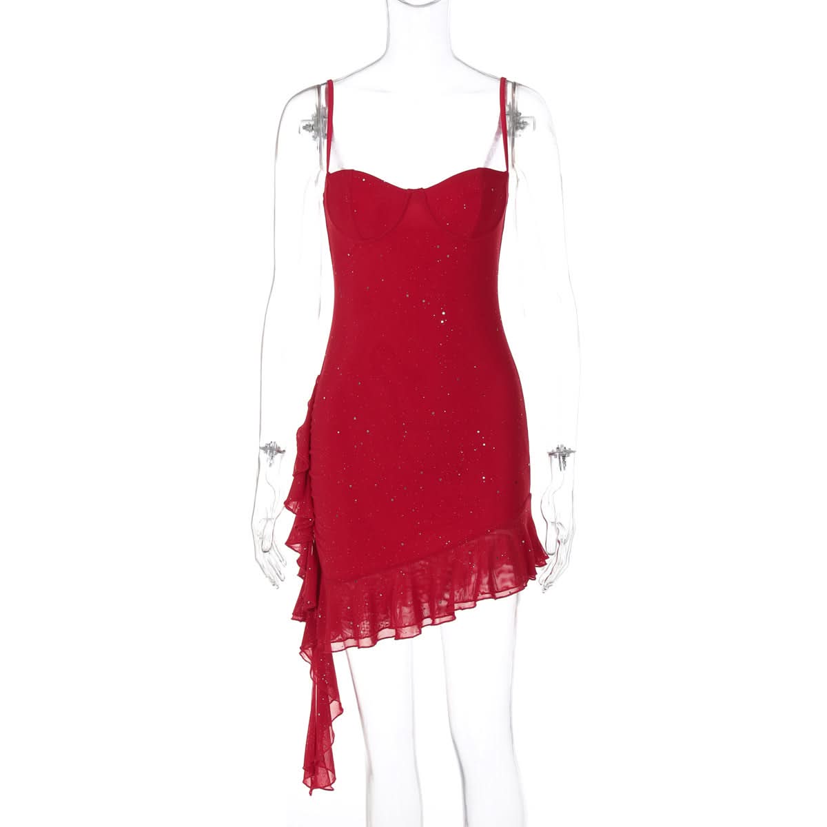 Dazzling Red Glitter Asymmetrical Ruffle Mini Dress - Holiday & NYE Party Ready