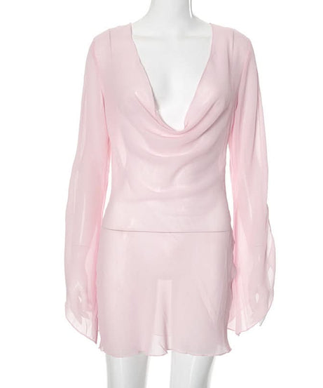 Sultry Sheer Pink Cowl Neck Mini Dress - Long Sleeve | Fall & Holiday Party Glam