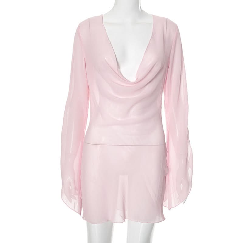 Sultry Sheer Pink Cowl Neck Mini Dress - Long Sleeve | Fall & Holiday Party Glam