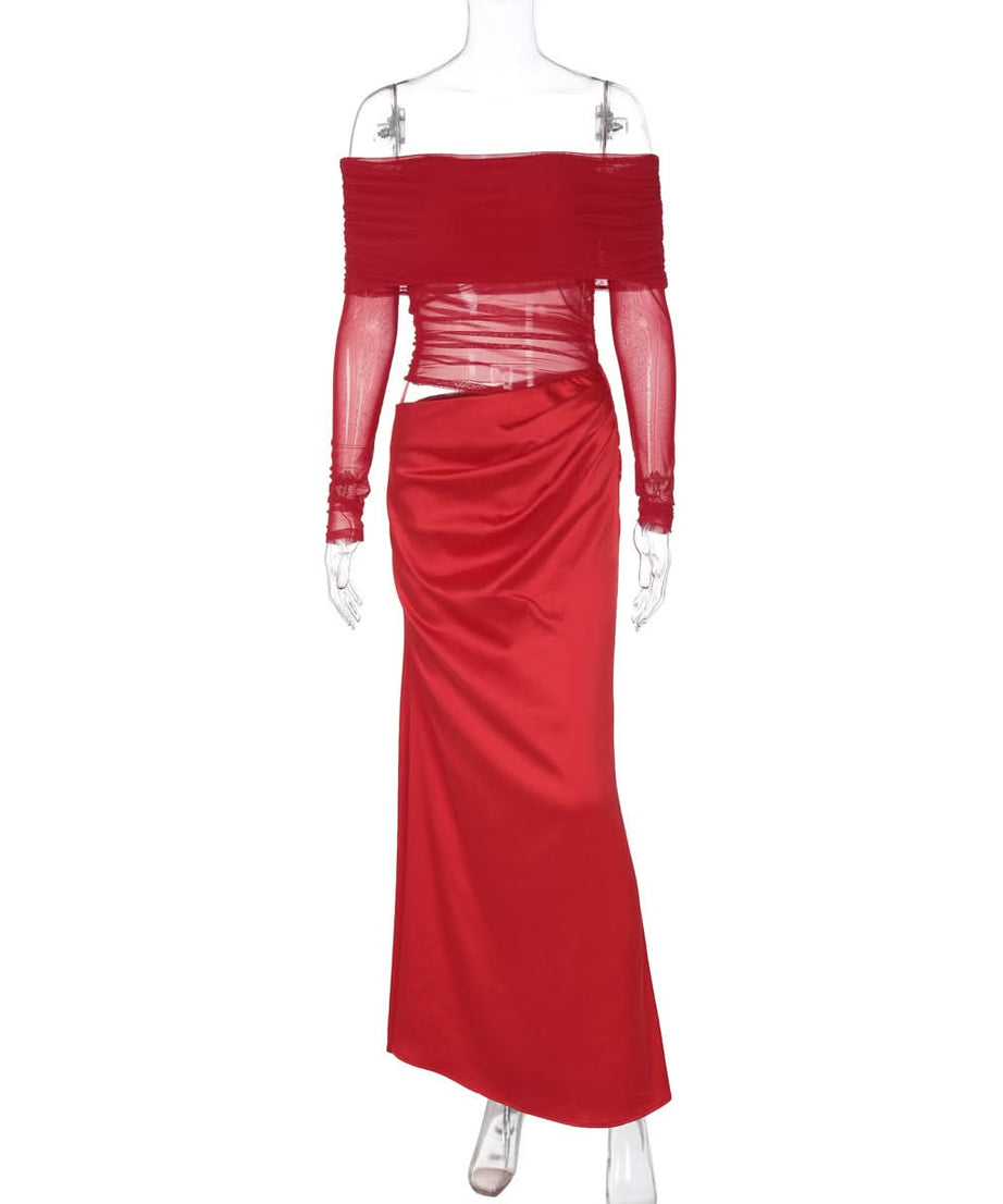Head-Turning Red Gala Gown: Sheer Mesh Off-Shoulder & Draped Satin Cut-Out Maxi for Fall & Holiday Glam