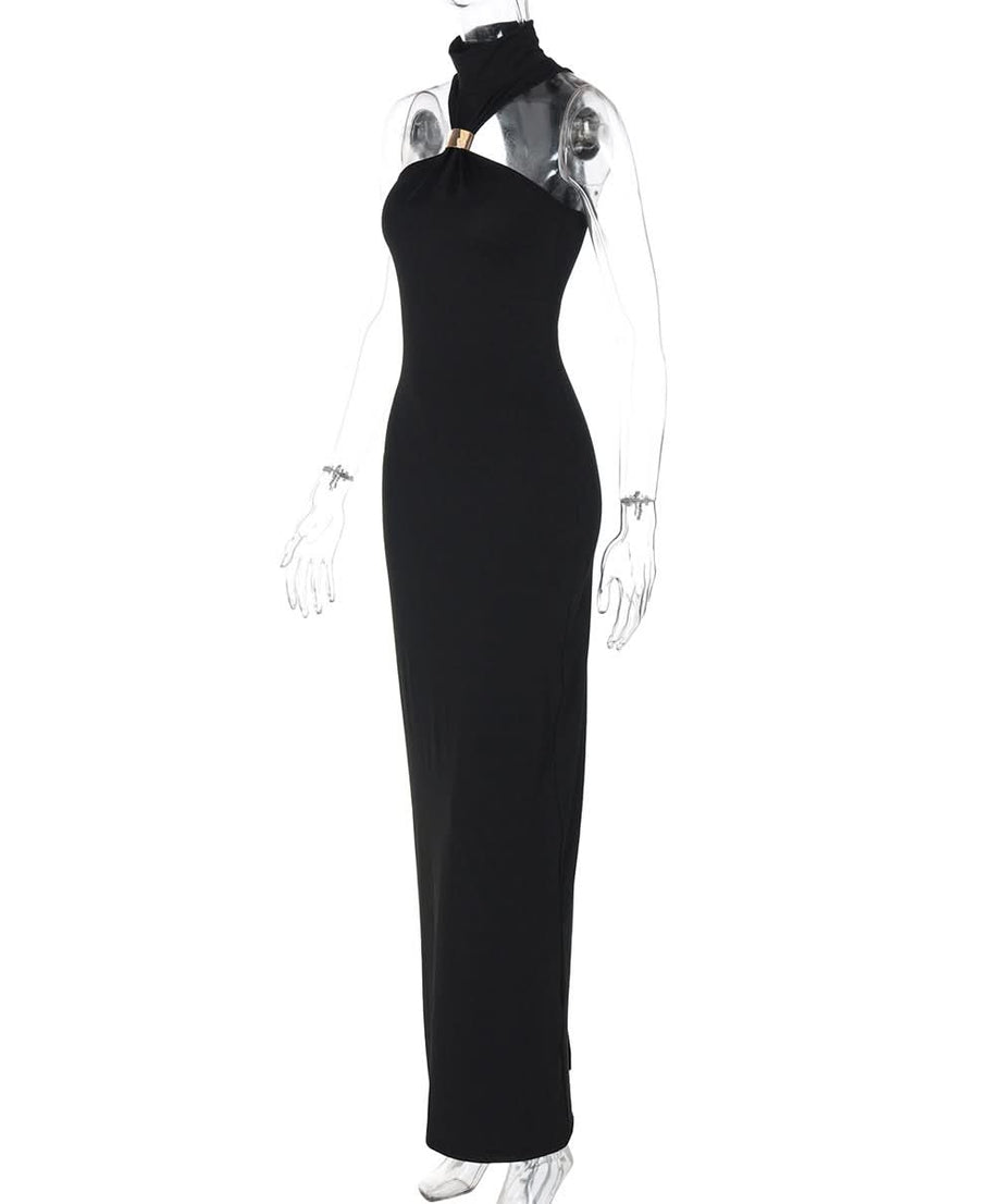 Luxe Black Halter Maxi Dress with Gold Accent - Perfect for Fall & Holiday Parties