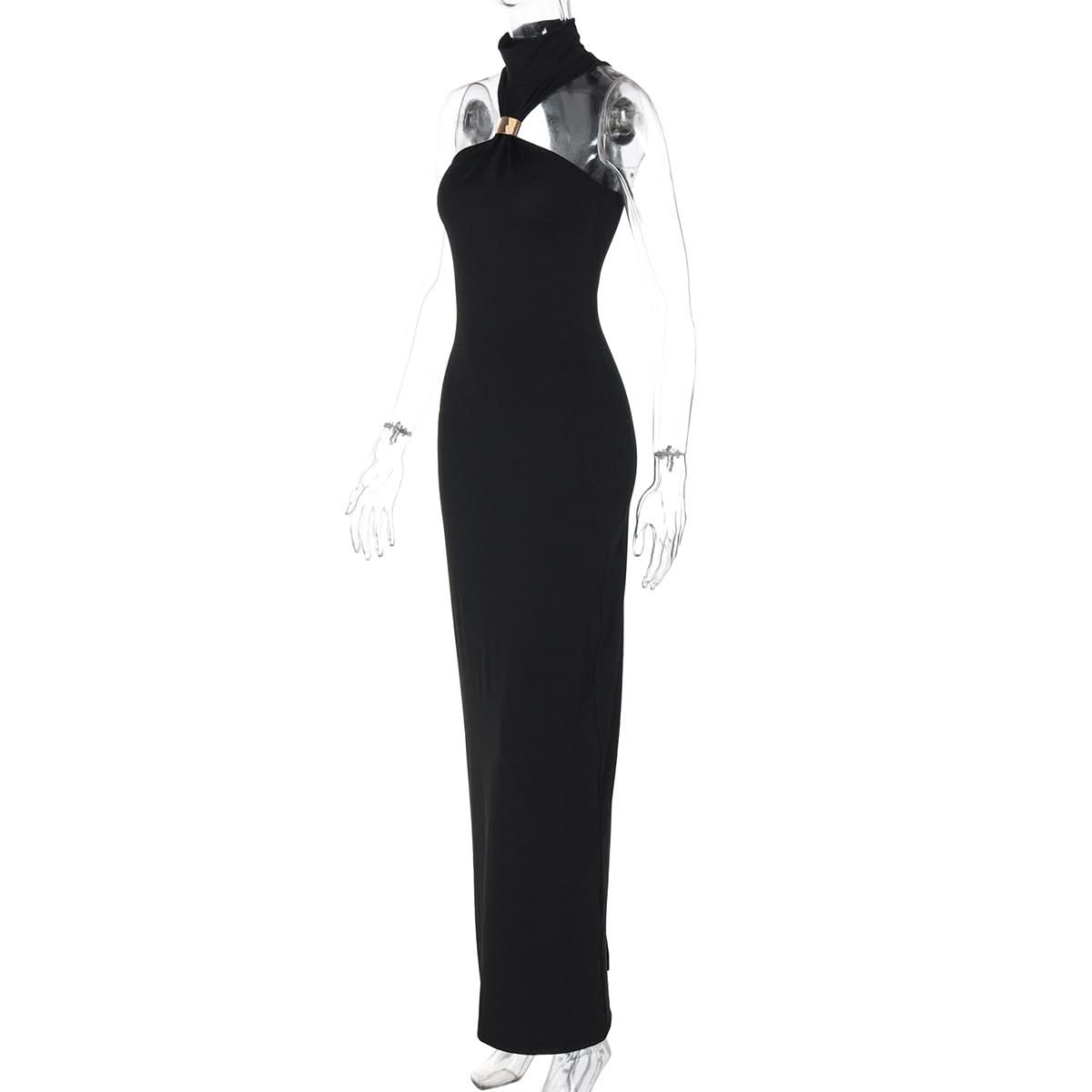 Luxe Black Halter Maxi Dress with Gold Accent - Perfect for Fall & Holiday Parties