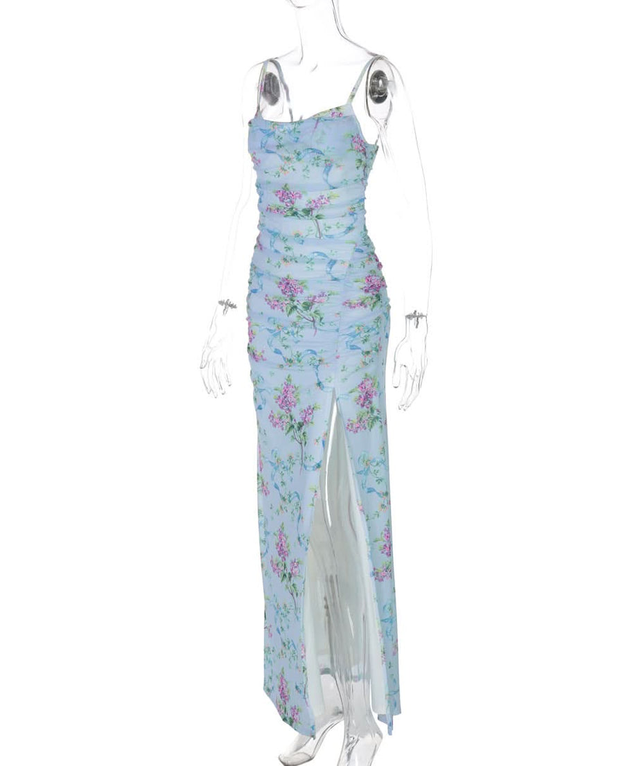 Periwinkle Floral Cowl Neck Maxi Dress with High Slit – Your Chic Fall Getaway Essential