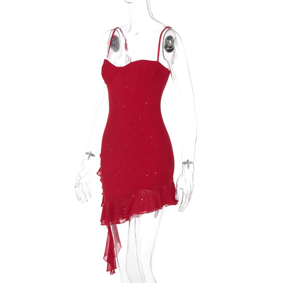 Dazzling Red Glitter Asymmetrical Ruffle Mini Dress - Holiday & NYE Party Ready