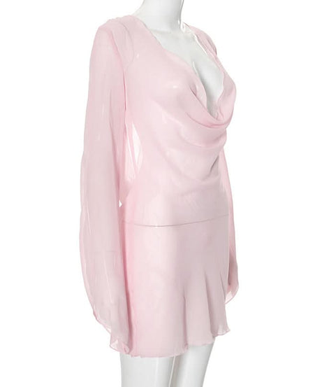 Sultry Sheer Pink Cowl Neck Mini Dress - Long Sleeve | Fall & Holiday Party Glam