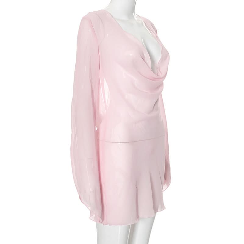 Sultry Sheer Pink Cowl Neck Mini Dress - Long Sleeve | Fall & Holiday Party Glam
