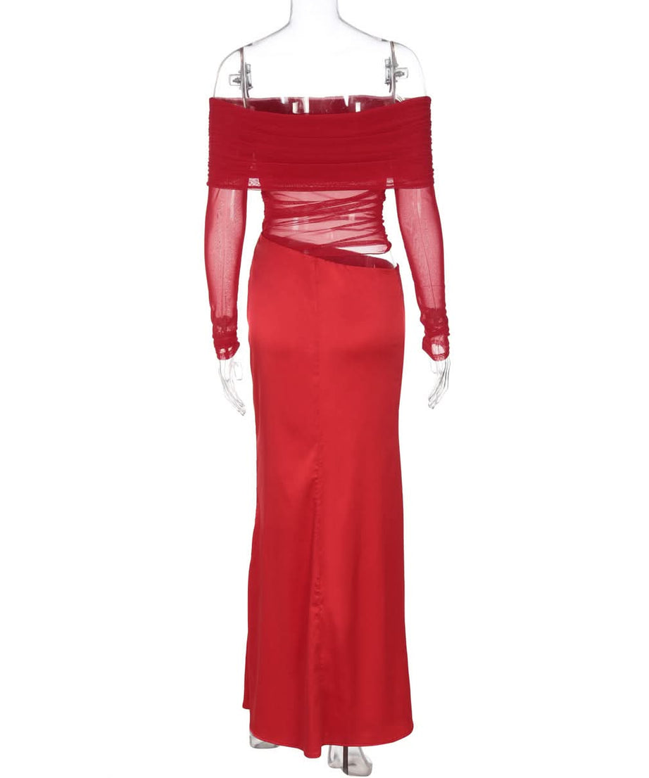 Head-Turning Red Gala Gown: Sheer Mesh Off-Shoulder & Draped Satin Cut-Out Maxi for Fall & Holiday Glam