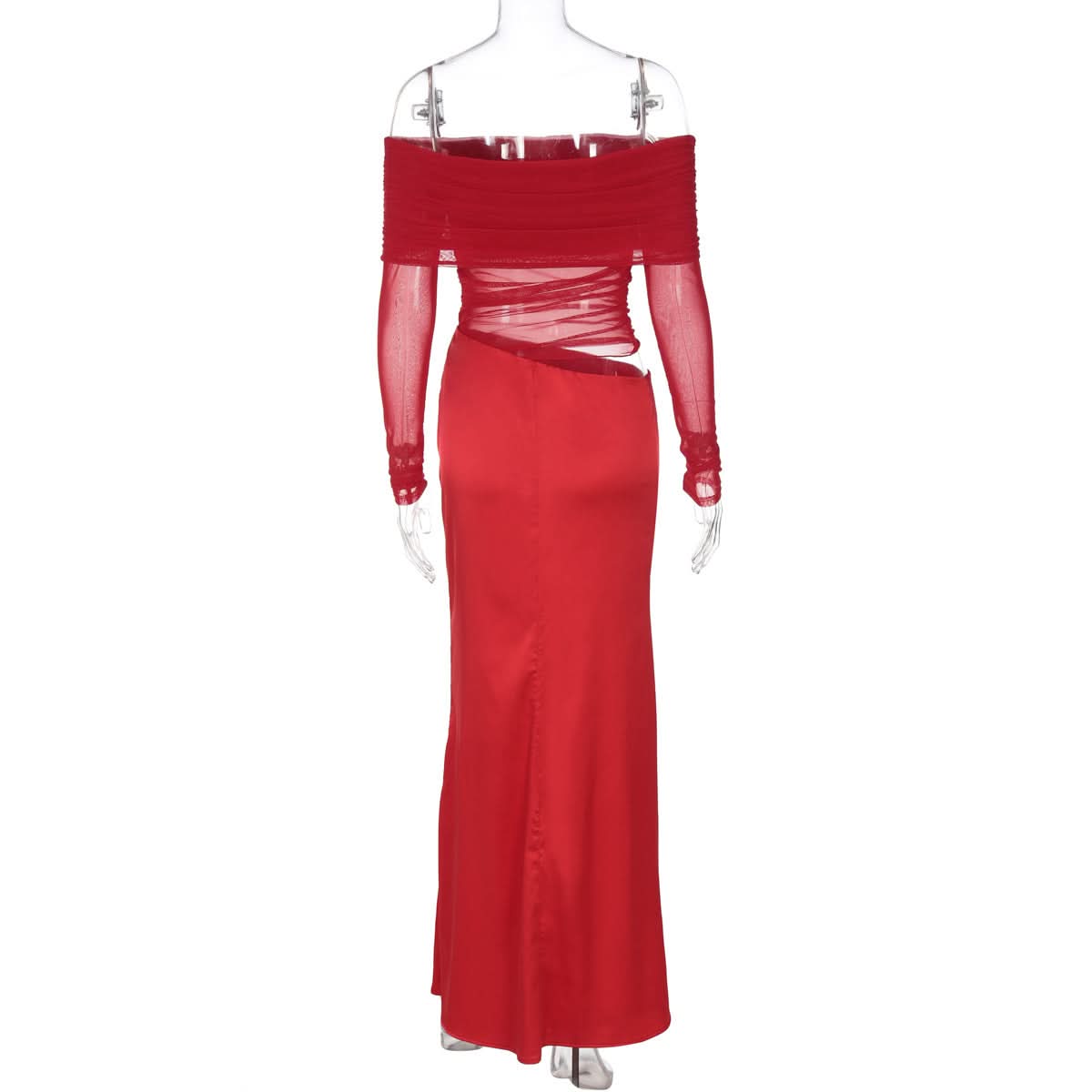 Head-Turning Red Gala Gown: Sheer Mesh Off-Shoulder & Draped Satin Cut-Out Maxi for Fall & Holiday Glam