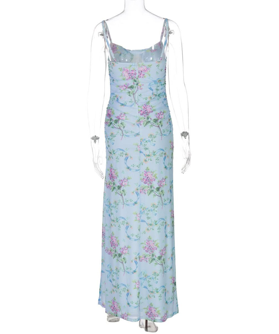 Periwinkle Floral Cowl Neck Maxi Dress with High Slit – Your Chic Fall Getaway Essential