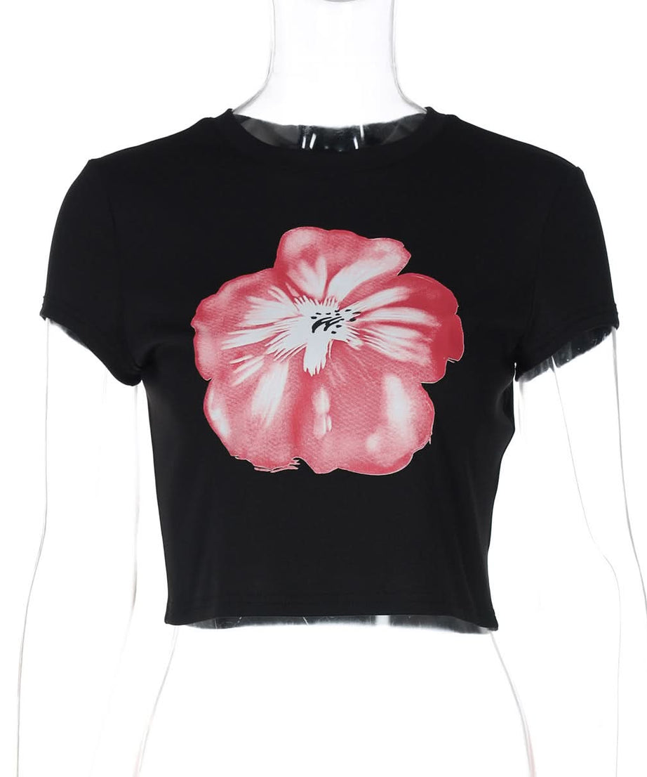 Chic Black & Blush Floral Crop Top - Your Effortless Fall Statement Tee