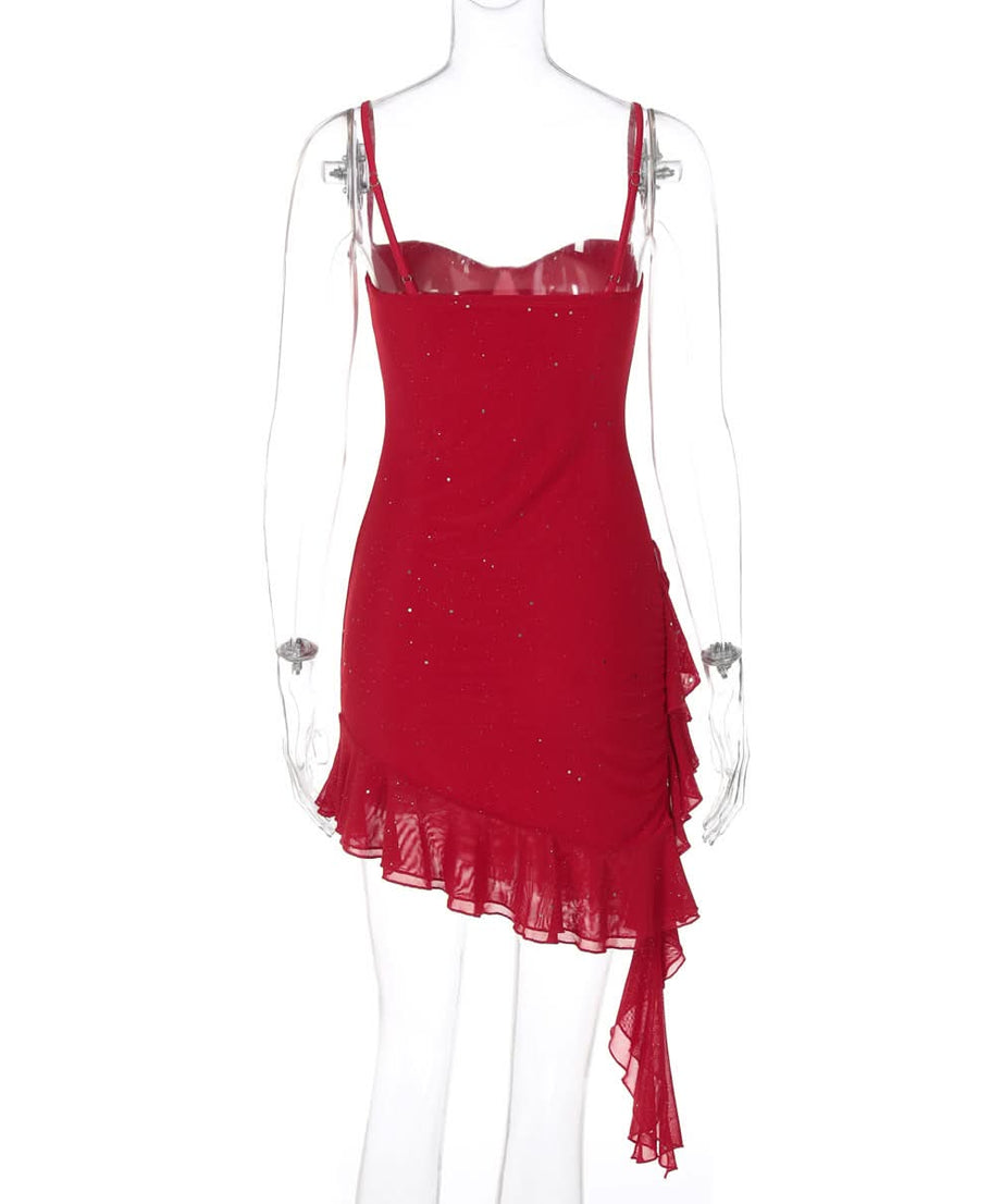 Dazzling Red Glitter Asymmetrical Ruffle Mini Dress - Holiday & NYE Party Ready