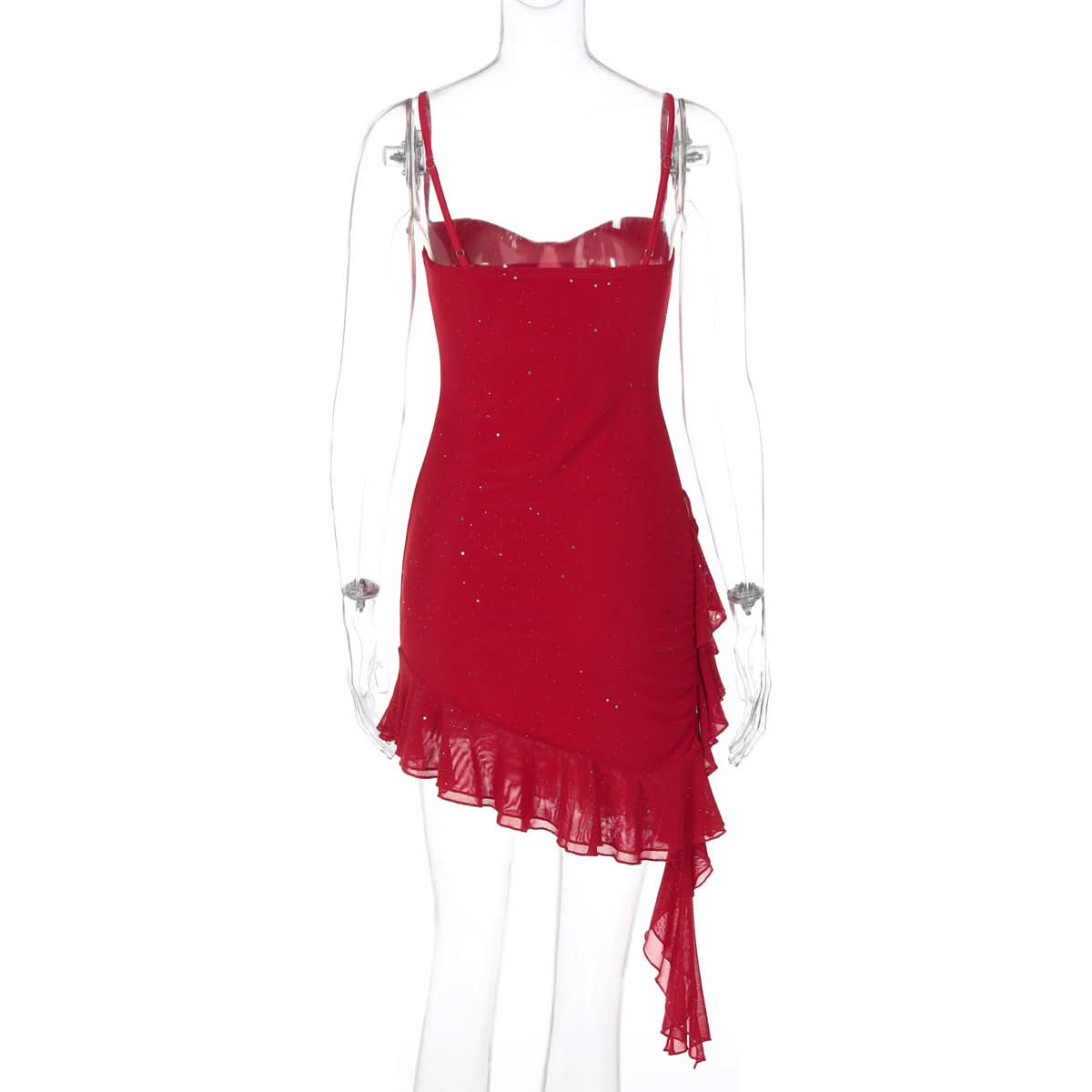 Dazzling Red Glitter Asymmetrical Ruffle Mini Dress - Holiday & NYE Party Ready