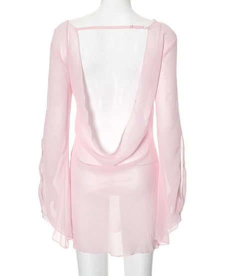 Sultry Sheer Pink Cowl Neck Mini Dress - Long Sleeve | Fall & Holiday Party Glam