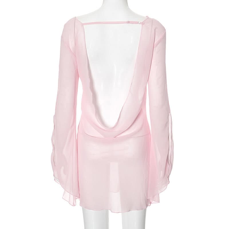 Sultry Sheer Pink Cowl Neck Mini Dress - Long Sleeve | Fall & Holiday Party Glam
