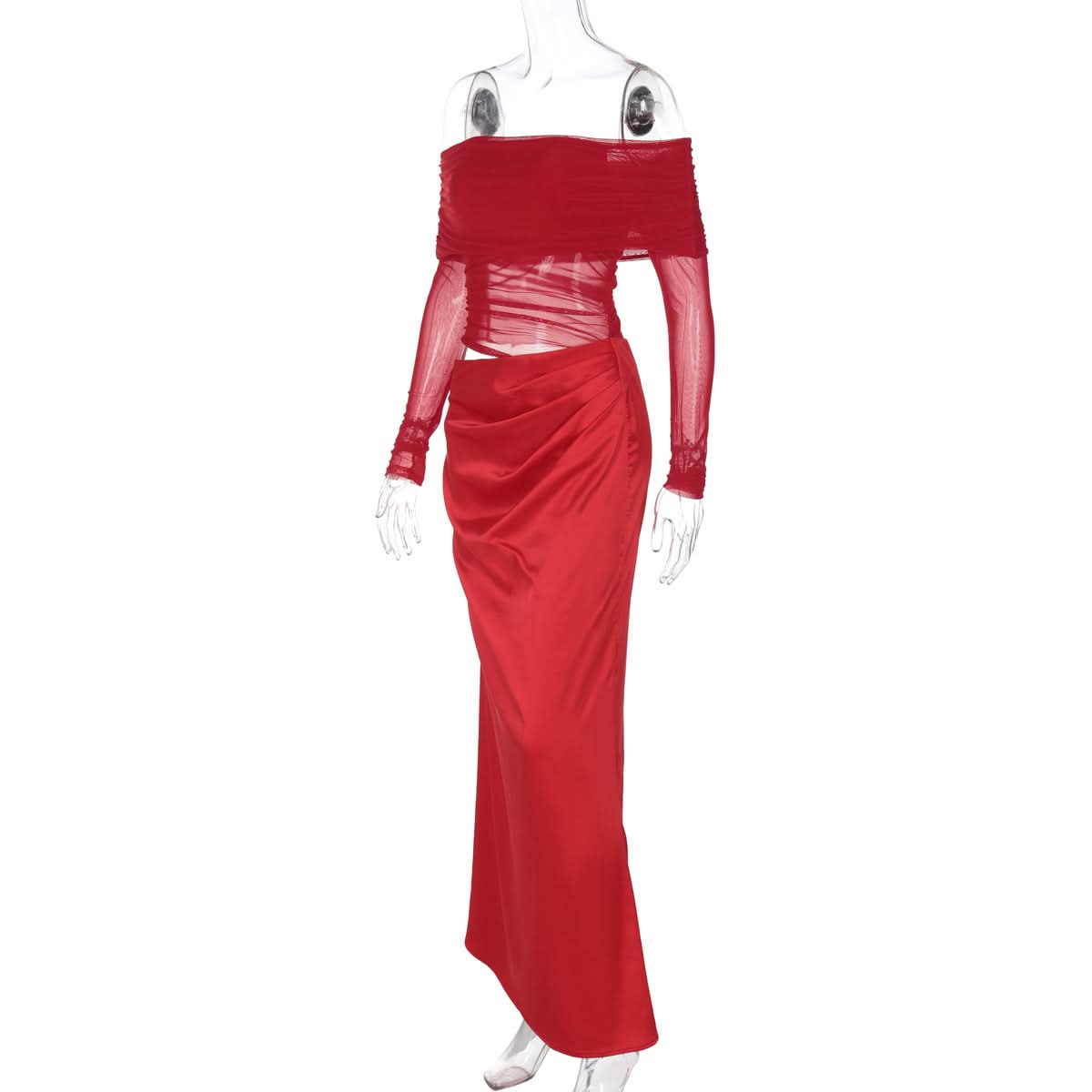 Head-Turning Red Gala Gown: Sheer Mesh Off-Shoulder & Draped Satin Cut-Out Maxi for Fall & Holiday Glam