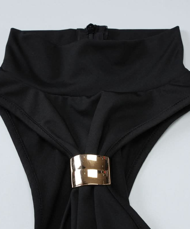 Luxe Black Halter Maxi Dress with Gold Accent - Perfect for Fall & Holiday Parties