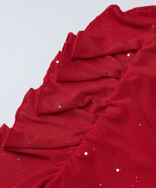 Dazzling Red Glitter Asymmetrical Ruffle Mini Dress - Holiday & NYE Party Ready