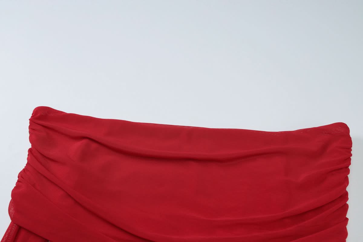 Head-Turning Red Gala Gown: Sheer Mesh Off-Shoulder & Draped Satin Cut-Out Maxi for Fall & Holiday Glam