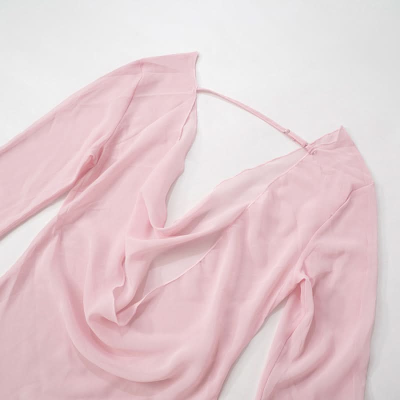 Sultry Sheer Pink Cowl Neck Mini Dress - Long Sleeve | Fall & Holiday Party Glam