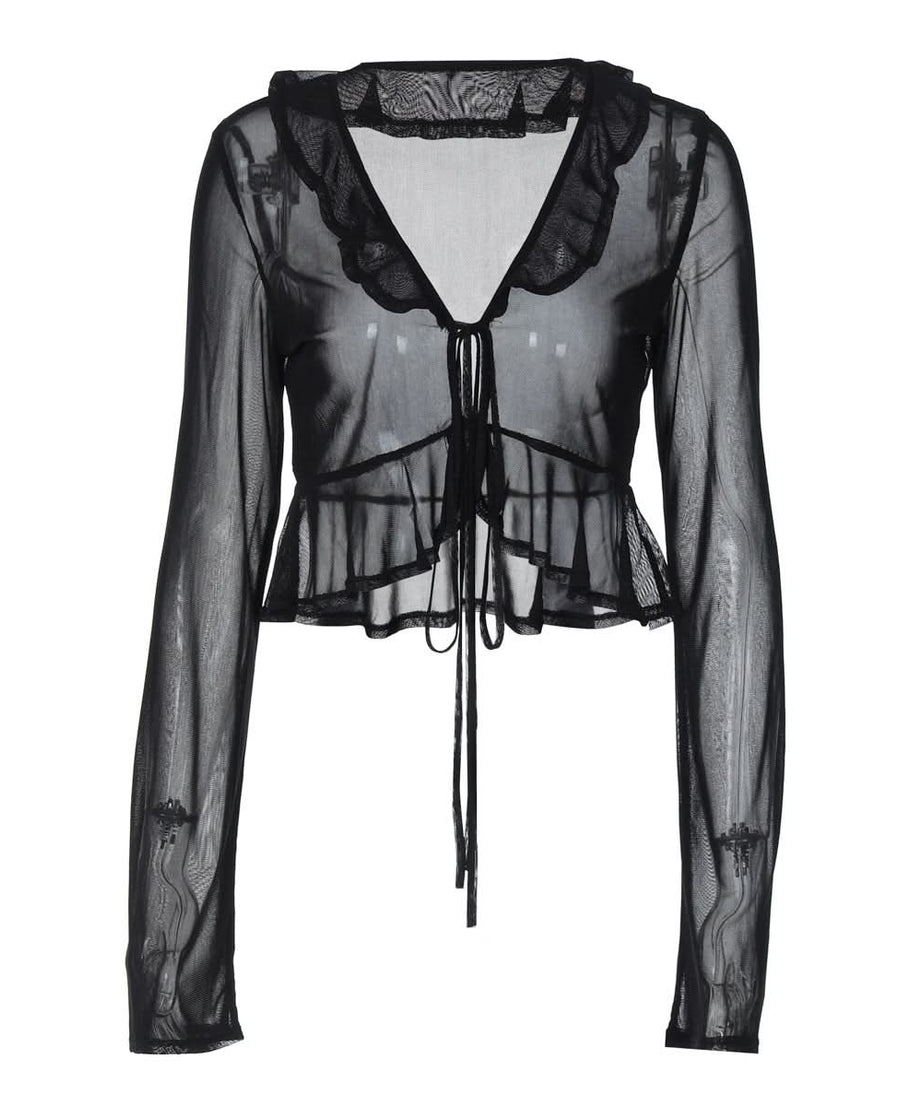 Black Sheer Ruffle Tie-Front Mesh Top - Your Edgy Chic Fall Statement Piece